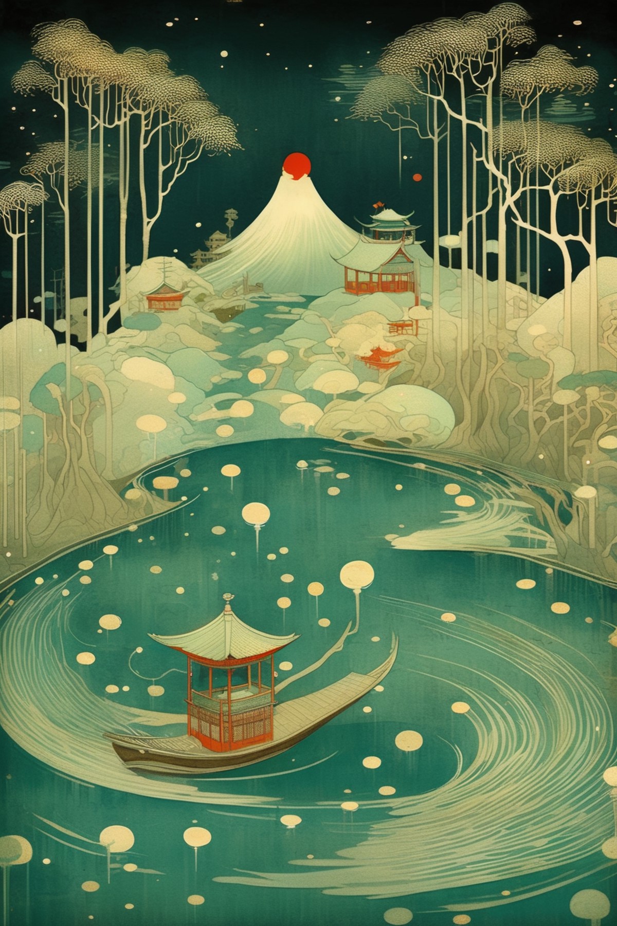 <lora:Victo Ngai Style:1>Victo Ngai Style - a river and a island, some willows